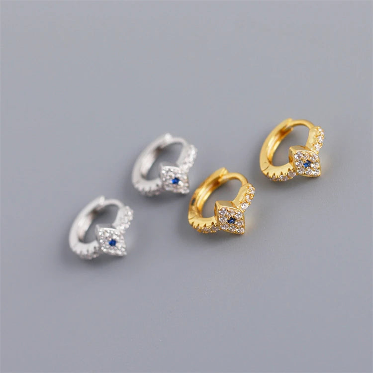 Fine Trendy 18K Gold Plated 925 Sterling Silver CZ Diamond Evil Eye Blue Eyes Hoop Earrings for Women