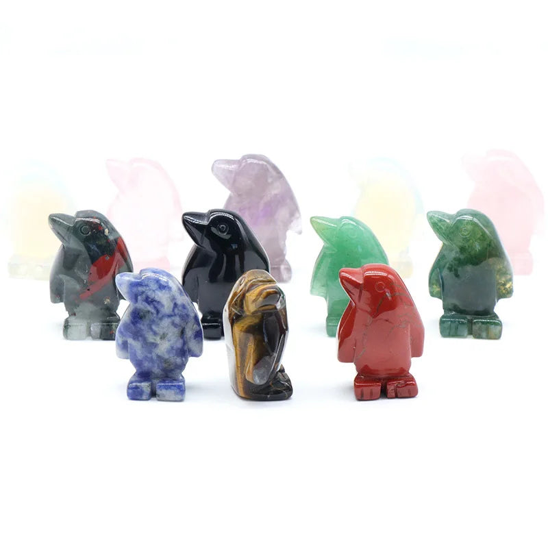 Crystal Mini Carving Rose Quartz Amethyst Penguin Shape Mini Natural Rainbow Fluorite Healing Stone Crystal Mini Carving