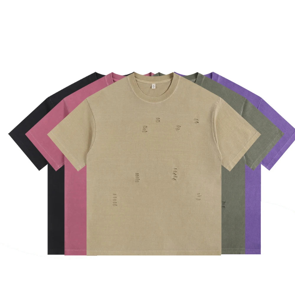 US Size S-5XL 260g Streetwear Blank Vintage Washed Tee 100%Cotton Mens Boxy Oversized Distressed Tshirt