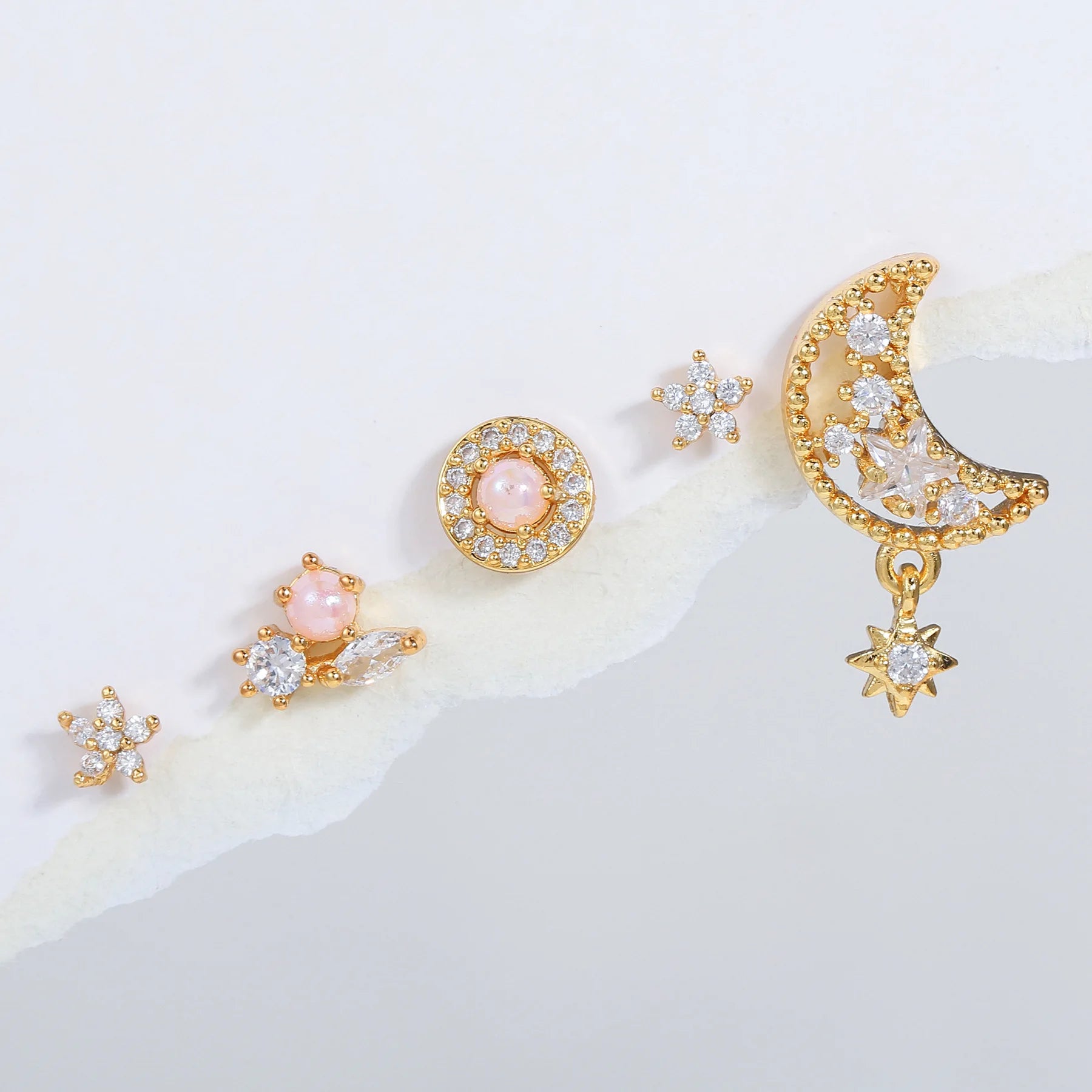 Korean Temperament Earrings Jewelry Set Wholesale Women Fashion Pearl Ear Stud 18K Gold Plated White Moon and Star Earrings