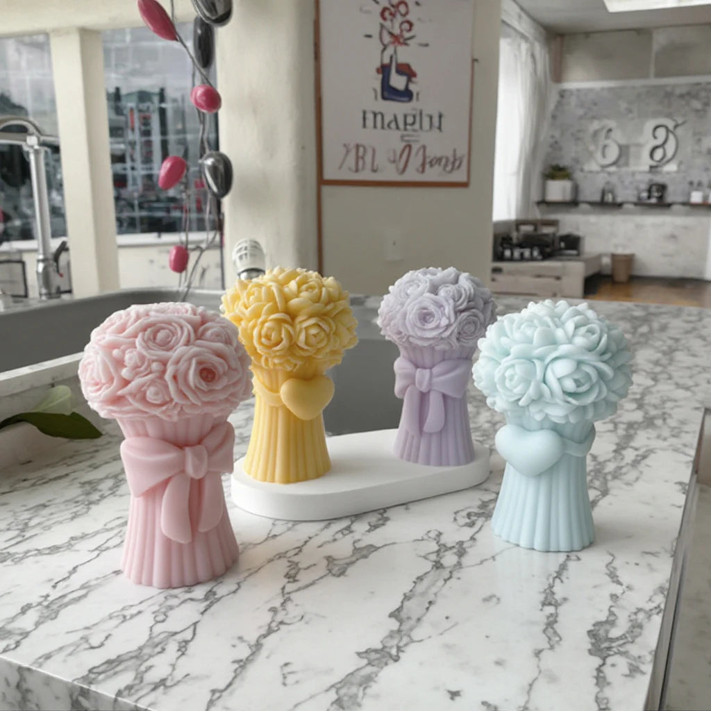3d Bow Rose and Hearts Bouquet Silicone Candle Mold Valentine's Day Decorations Gift Scented Candle Gypsum Silicone Mold