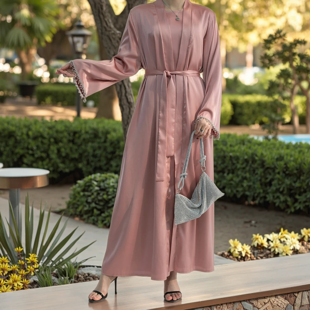 Latest Eid New Design Satin Diamond Dubai Abaya Designs Islamic Clothing Abaya Women Muslim Dress Front Open Abaya