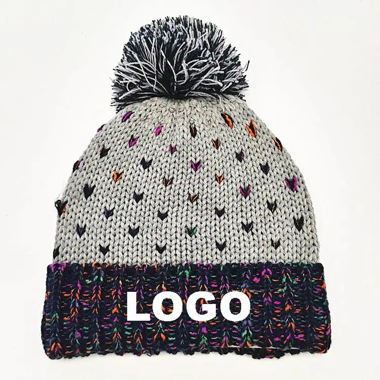 Custom logo New Style Winter Acrylic Multicolor Beanie Hat Knitted Pom Pom Cuff Women Beanie