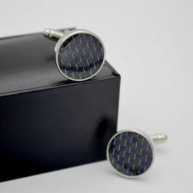 Men's Blue Black & Round Carbon Fiber Cufflinks Perfect Gift for Engagement Wedding Party or Anniversary 18mm Size