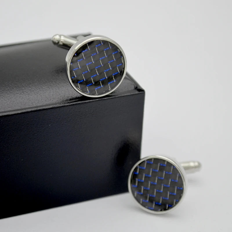 Men's Blue Black & Round Carbon Fiber Cufflinks Perfect Gift for Engagement Wedding Party or Anniversary 18mm Size