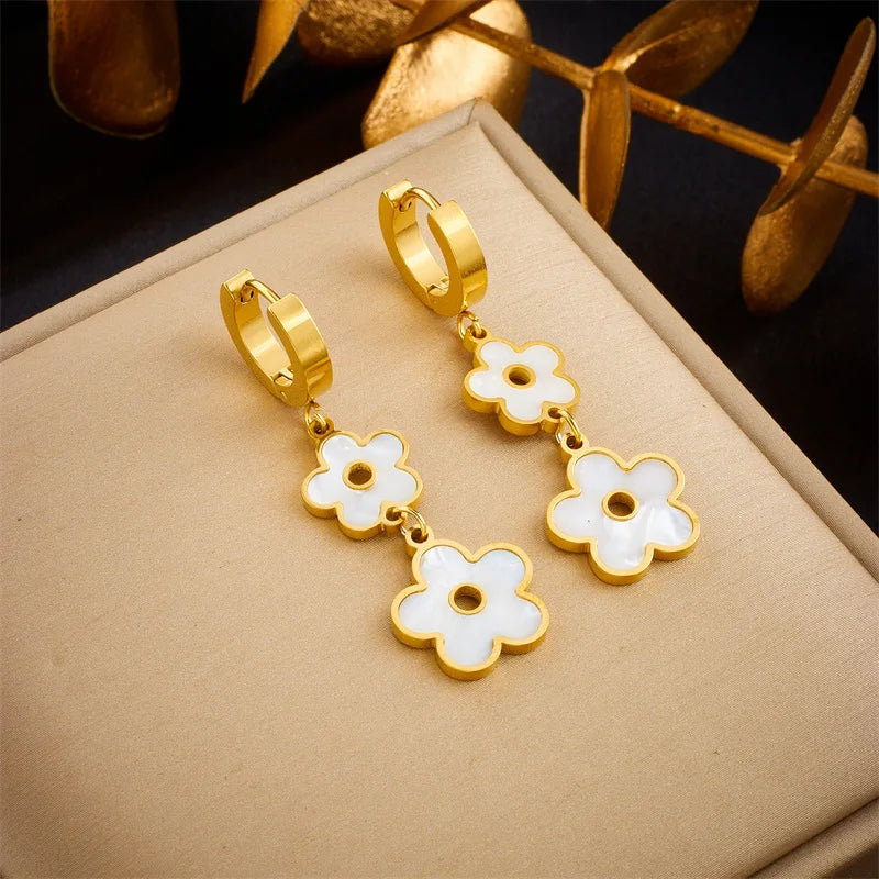 Flower Drop Earrings Waterproof Titanium Geometric Pendant with Zircon Pearl Trendy Fashionable Jewelry Hoop Earings