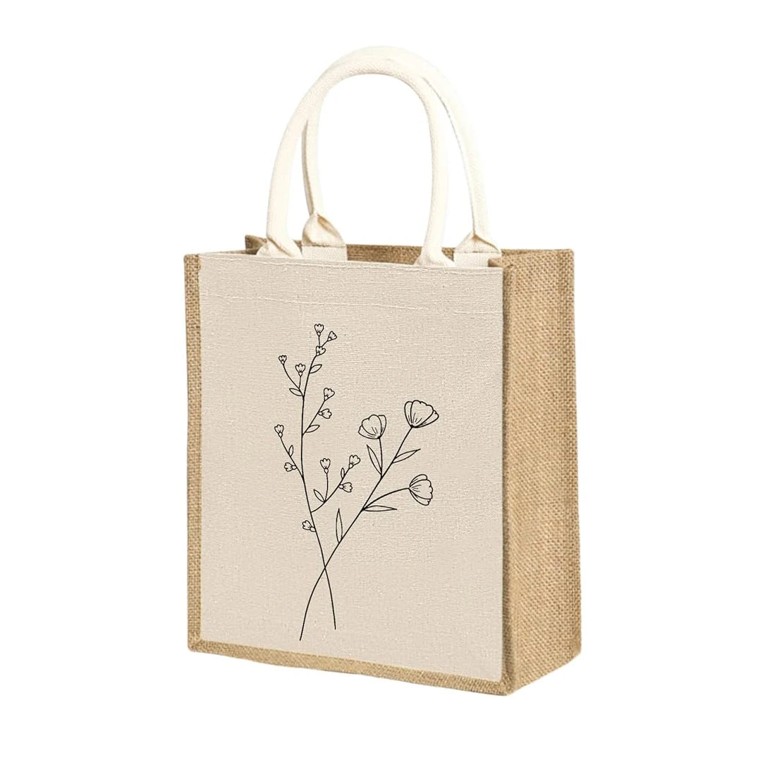 New Holiday Teacher Thank You Gift Canvas Tote Zipper Simple Flower White Jute Conference Bag for Ladies
