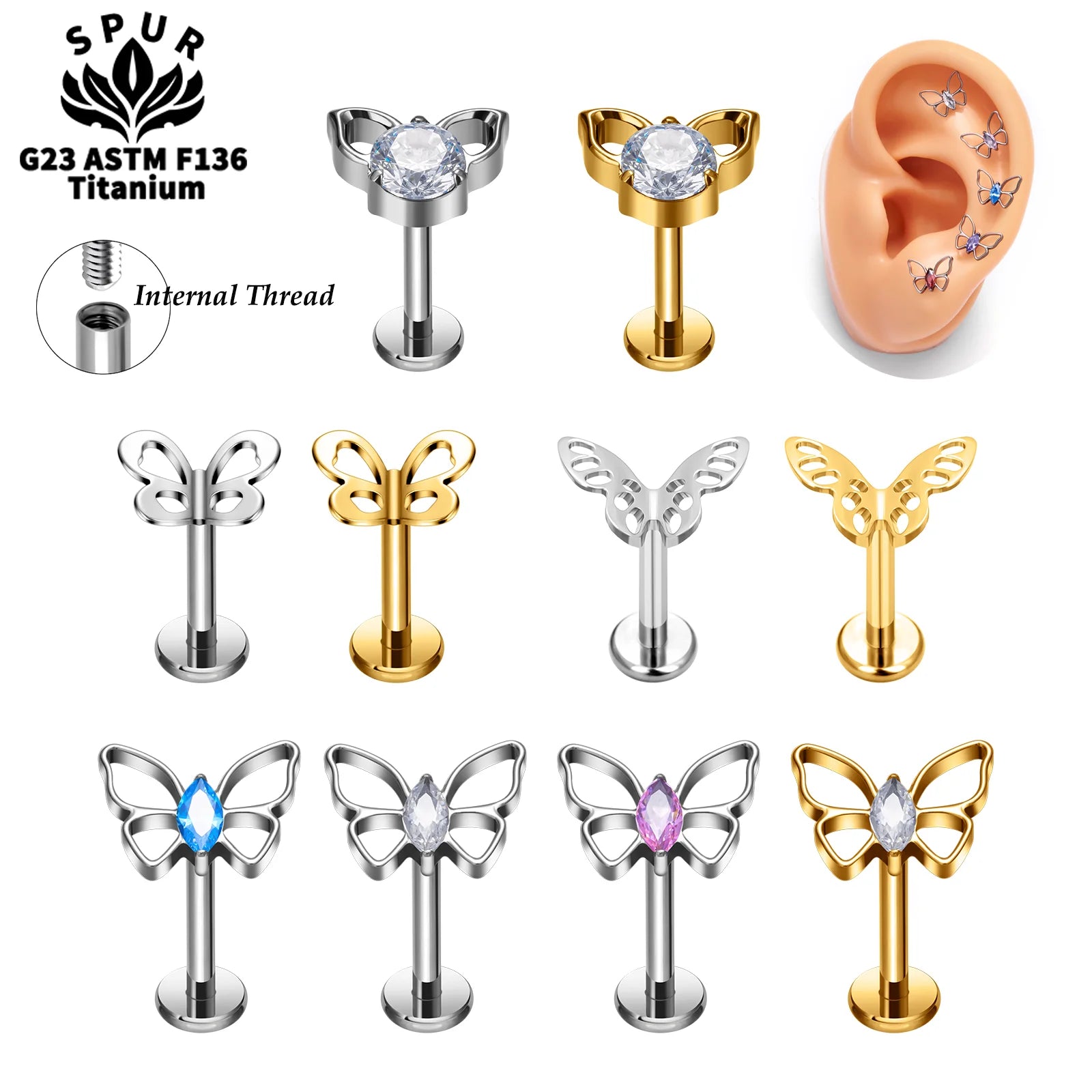 New G23 Titanium Piercing 16G Butterfly Shape Internal Thread Nose Studs Ear Tragus Helix Cartilage Women Earrings Body Jewelry