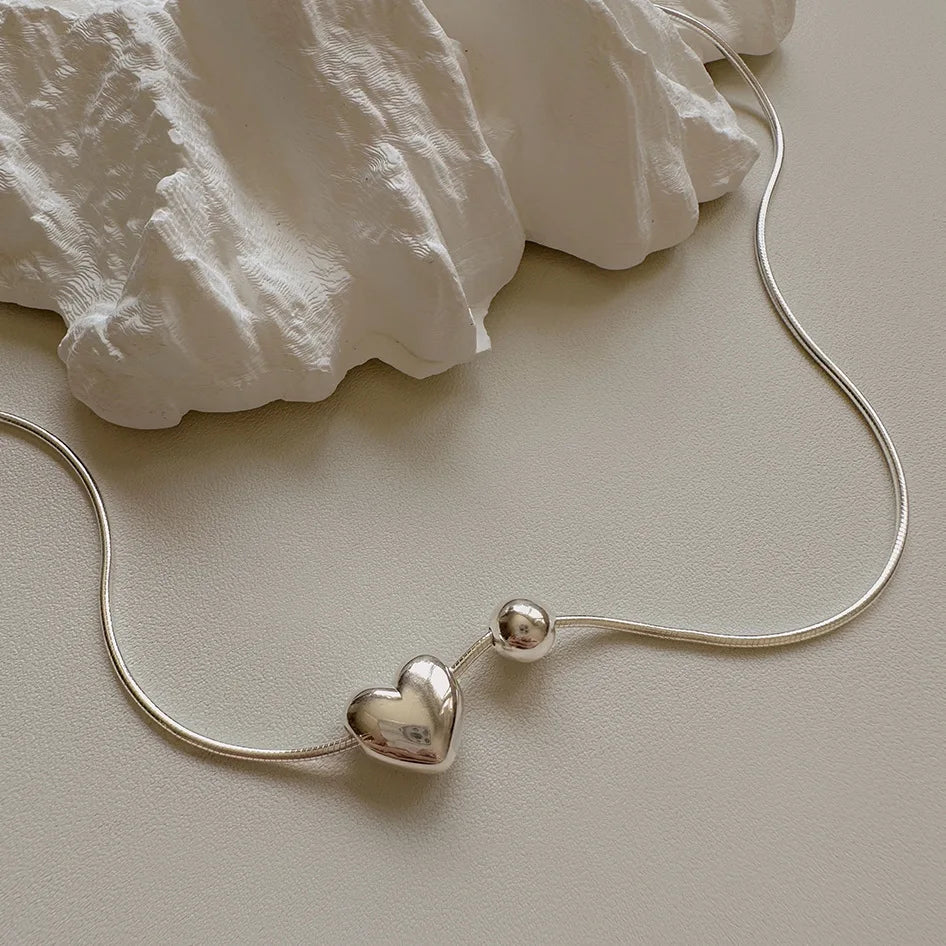Minimalist Jewelry Smooth Bubbles Heart Pendant Snake Chain 925 Sterling Silver Love Necklace Women