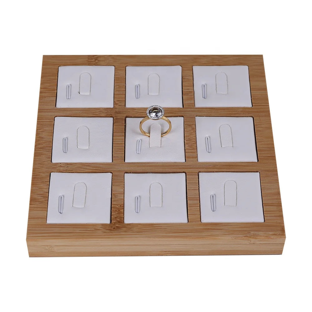 Natural Simple Style Solid Wood Ring Jewelry Display Tray Stud 9 Slots Ring Storage Plate Jewelry Display Boxes