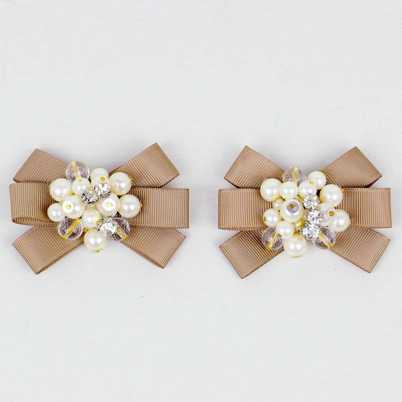 Grosgrain Ribbon Handmade Beaded Rhinestone Bowknot Shoe Buckle for Bridal Wedding Party Fashion Wild Removable Shoe Clips