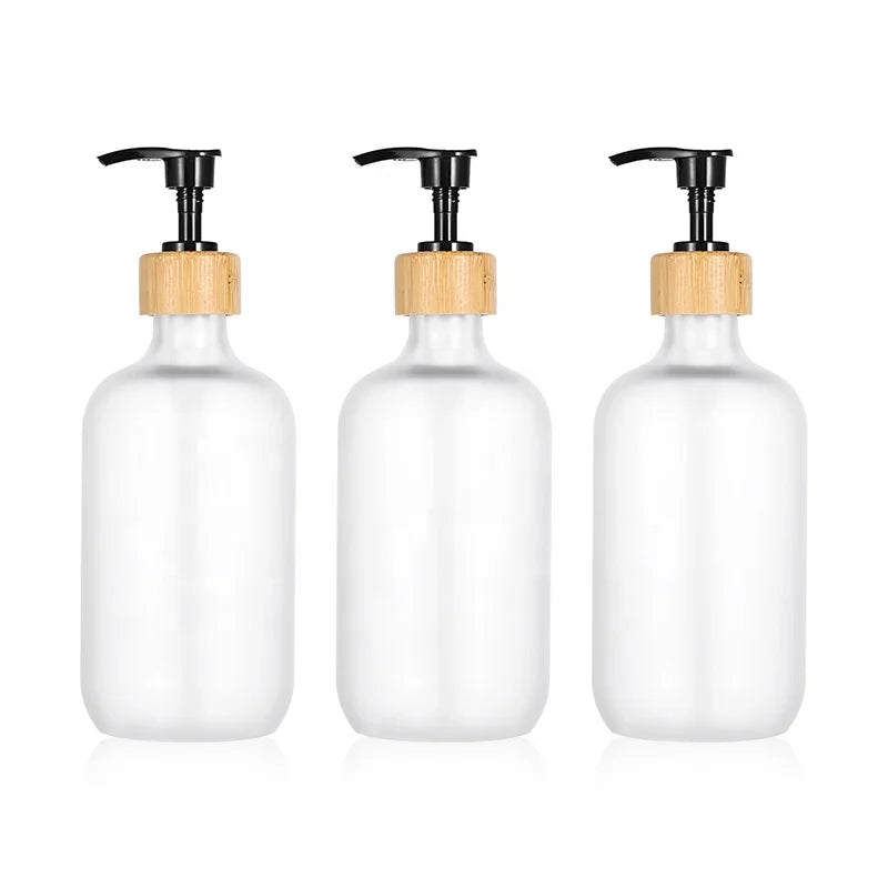 500ml Frosted Transparent PET Plastic Bottle Tith Black Lotion Pump Bamboo Lid Screen Printed Cosmetic Packaging