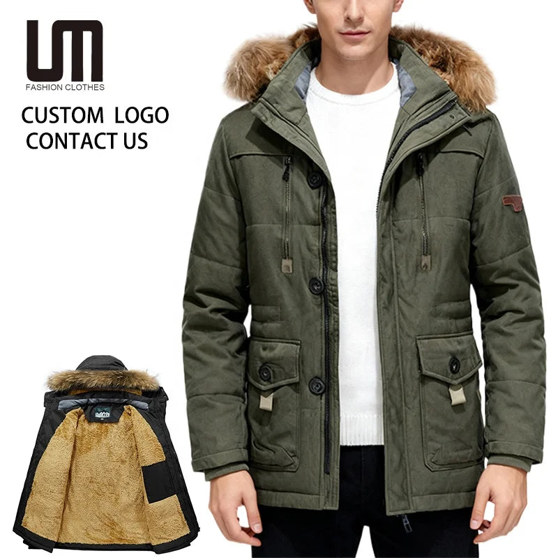 Custom Logo Winter Men Plus Size Jacket - Thick Fleece Hooded Parka with Windproof Quilted Design (Warm Coats for Cold Weather)