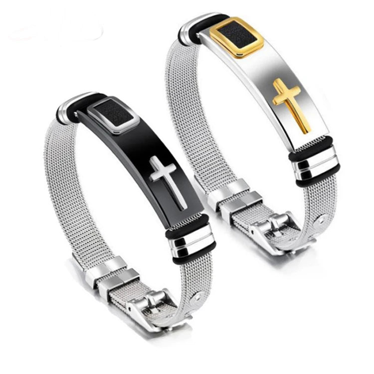 Stainless Steel Wristband Mesh Bracelets Hip Hop Jewelry Titanium Religious Christian Cross Bracelet