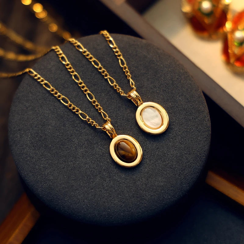 Fashion Vintage 18k Gold PVD Plated Brass Natural Tiger Eye Stone Jewelry Oval Pendant Necklace for Women