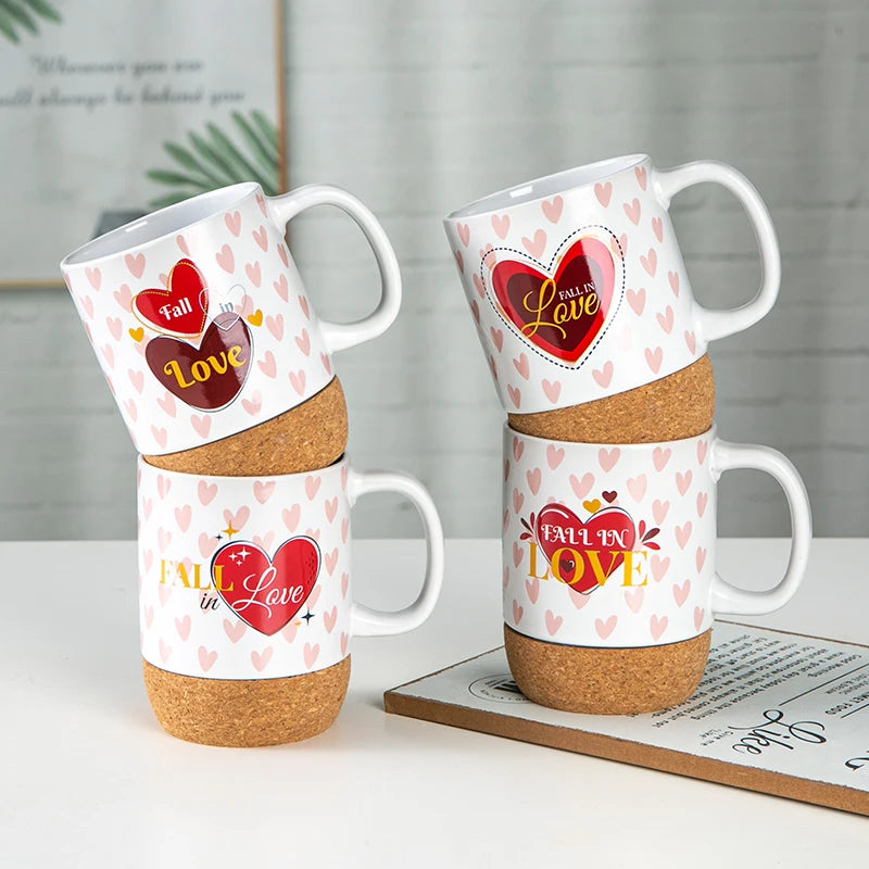 SWT Manufacturer Ceramic Customized Valentine's Day Ceramic Cup  Ceramic Cork Base Mug With Lid Bottom