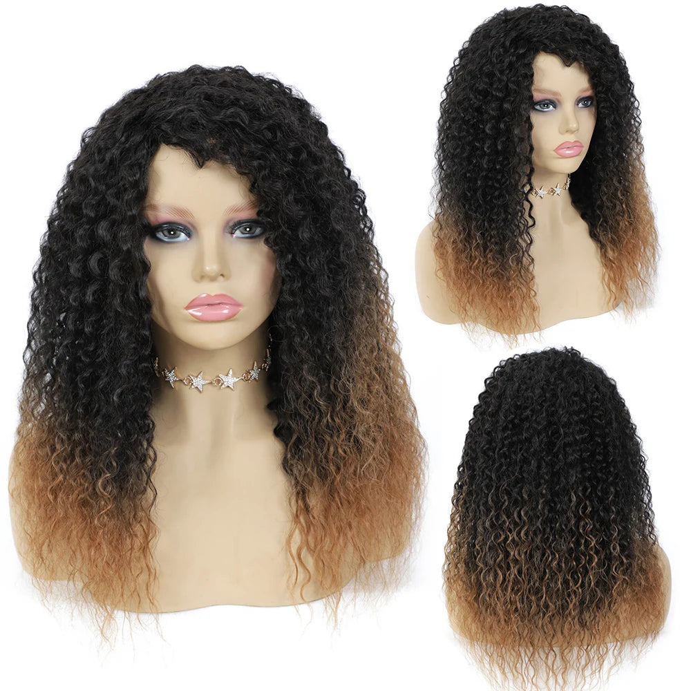 X-TRESS Kinky Curly Synthetic Mixed 30% Human Hair Wigs Machine Made Hair Wig for Black Women 18 Inches Heat Resistant Fiber Wig
