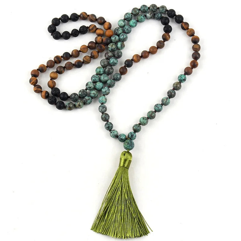 Religious Tiger Eye  Black Lava Gemstone Africa Turquoise Tassel Pendant Necklace Yoga 108 Beads Mala Necklace Western Jewelry