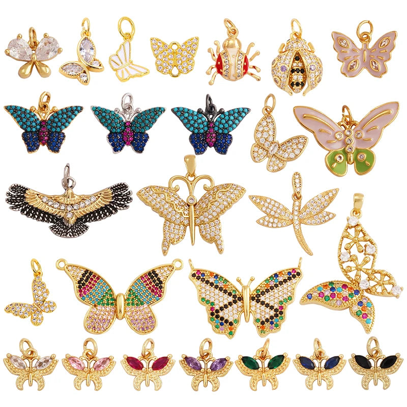 Dainty Butterfly Dragonfly Insect Charm PendantCute Fashion 18K Gold Inlaid Zircon Animal Craft Jewelry Necklace Supplies L35