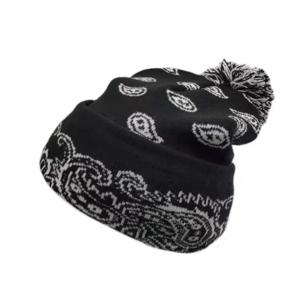 Winter Jacquard Knit Pom Pom Bandana Pattern Beanie Hat MegaBDM