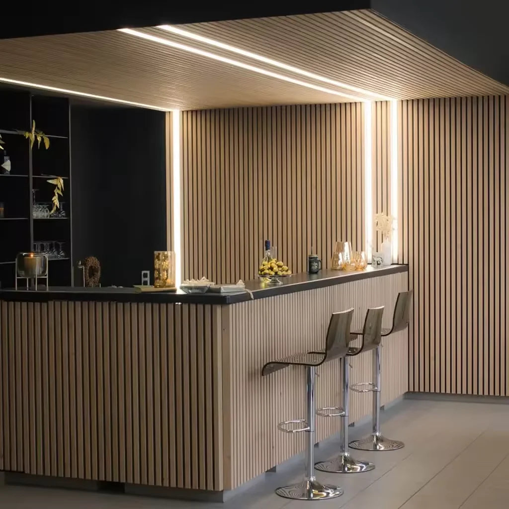 For KASARO Modern Design Wooden Panel with LED Light Soundproof and Sound Absorbing Wall Panels for Music Studio Walls