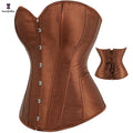 7 Colors Available Plus Size Retro Renaissance Coffee Colored Womens Steampunk Satin Overbust Corset Tops with Lace 6 Brooches