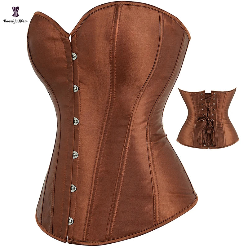 7 Colors Available Plus Size Retro Renaissance Coffee Colored Womens Steampunk Satin Overbust Corset Tops with Lace 6 Brooches