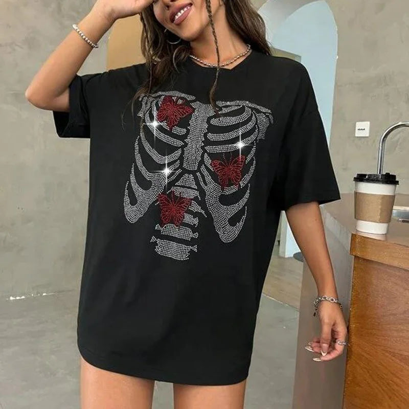 Y2k Soft Cotton Rhinestones Skeleton Butterfly Pattern Womens T Shirts Oversized Drop Shoulder Custom Rhinestone Women T Shirts