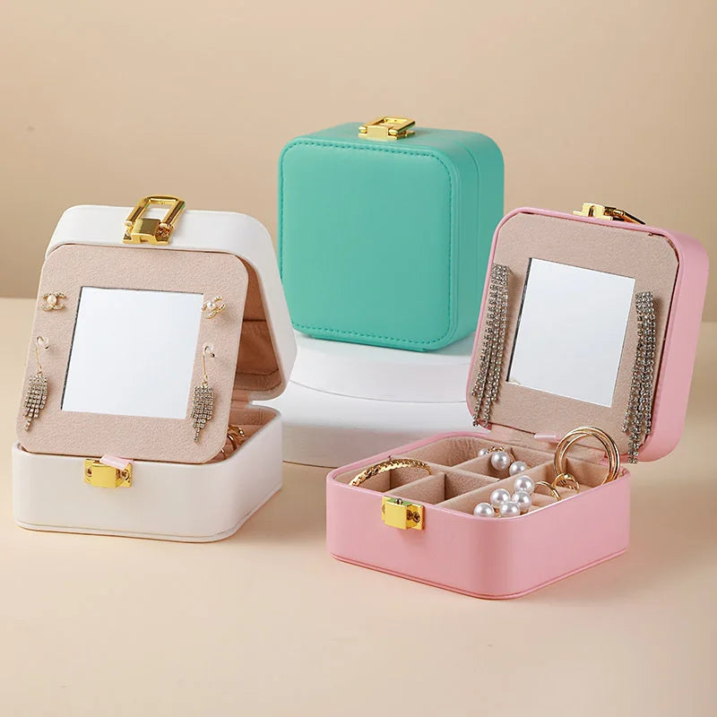 Creative PU Leather Travel Jewelry Box with Mirror New Style Ring Earrings Organizer Flipping Design for Storage