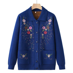 Lapel Padded Embroidered Hot Drilling Mom Clothes Thickened Sweater Middle-aged and Elderly Women Knitted Jacket Cardigan