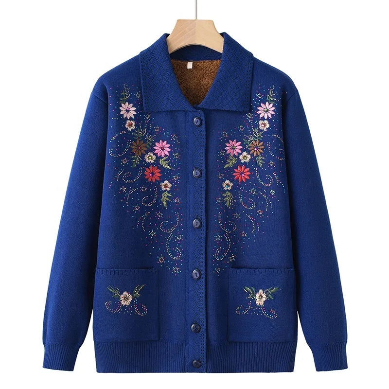 Lapel Padded Embroidered Hot Drilling Mom Clothes Thickened Sweater Middle-aged and Elderly Women Knitted Jacket Cardigan
