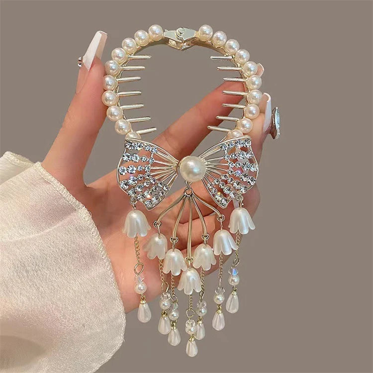 Flower Ponytail Button Meatball Head Plate Hair Clip for Women Crystal Rhinestone Hair Claw Women's Head Hairpin Pearl Hair Grab MegaBDM