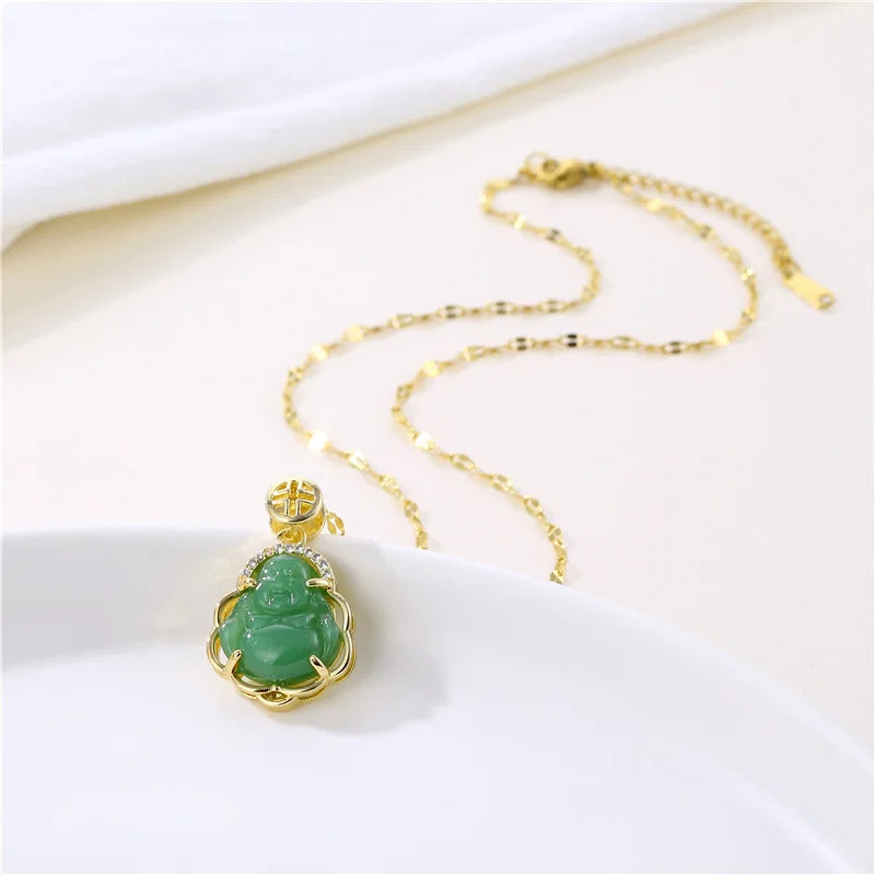 Good Luck 18K Gold Plated Stainless Steel Chain Buddha Pendant Necklace White and Green Jade Buddha Necklaces