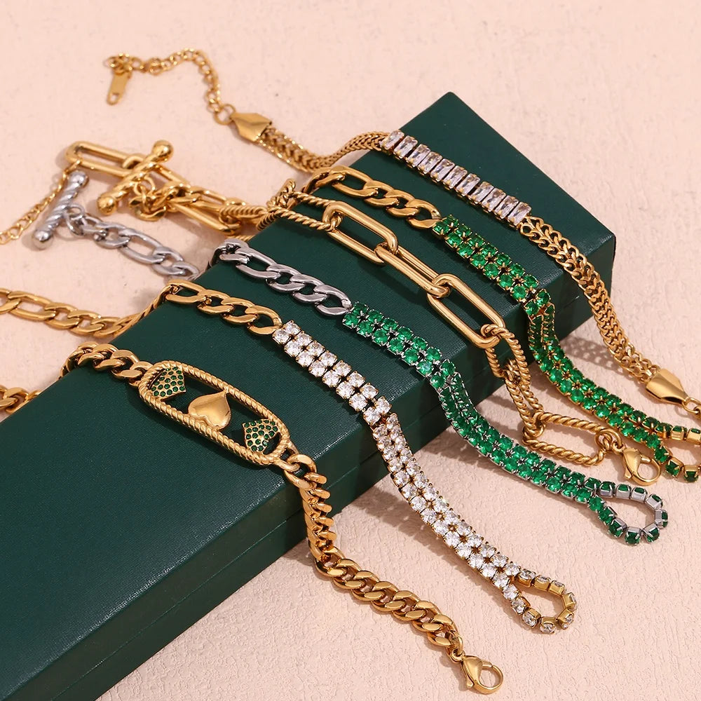 Gold Plated Chain Bracelets Set Colorful Zircon Christmas Gift for Women Stainless Steel Jewelry