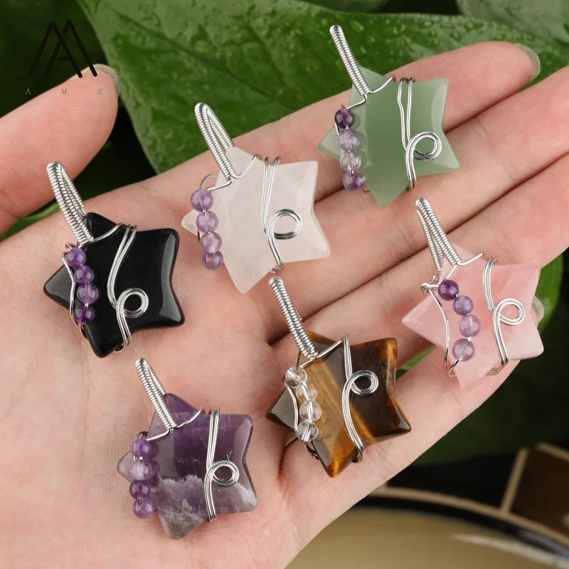 Quartz Crystal Star Pendant  Wire Wrapped Silver Star Beads  Healing Chakra Crafts Jewelry
