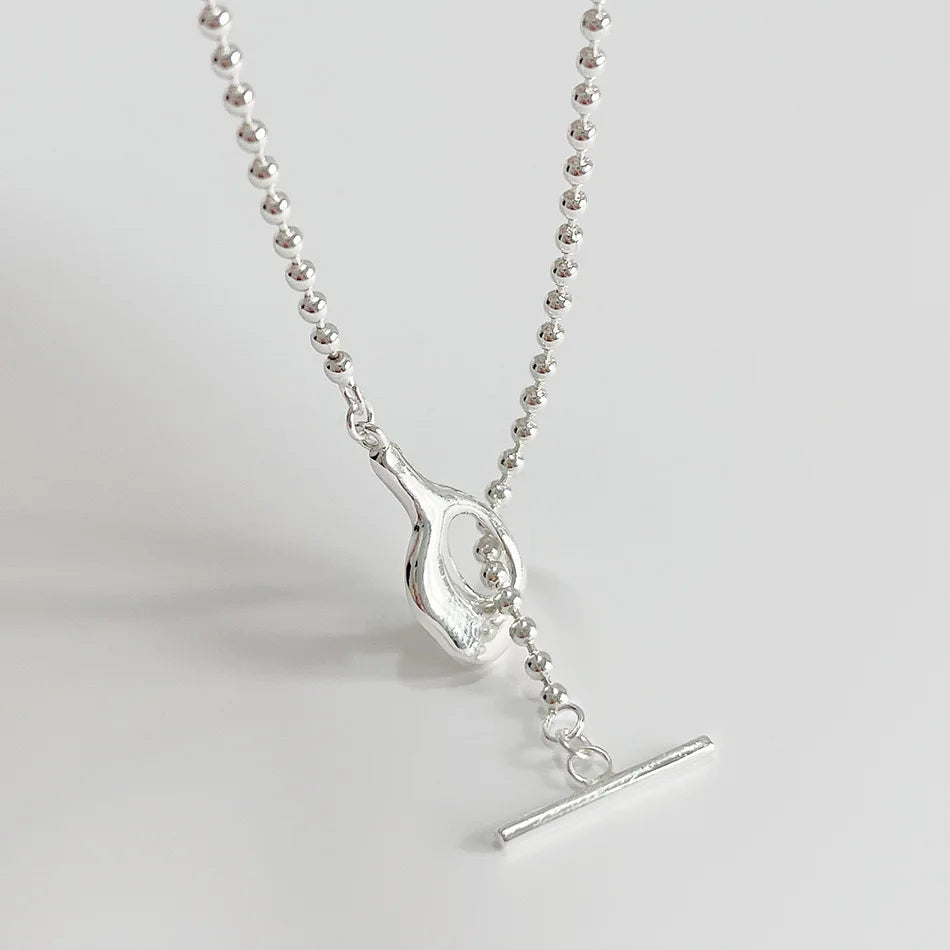 Handmade S925 Sterling Silver Small Ball Chain Irregular Hammered Toggle OT Clasp Necklace for Women Girls