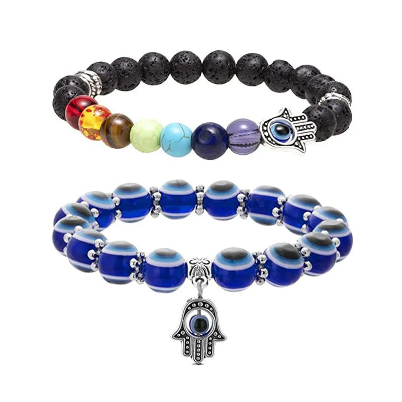 Volcanic Stone Charm Stretch Bracelet Blue Beaded Turkish Lucky Devil Eye Bracelet for Protection and Blessing
