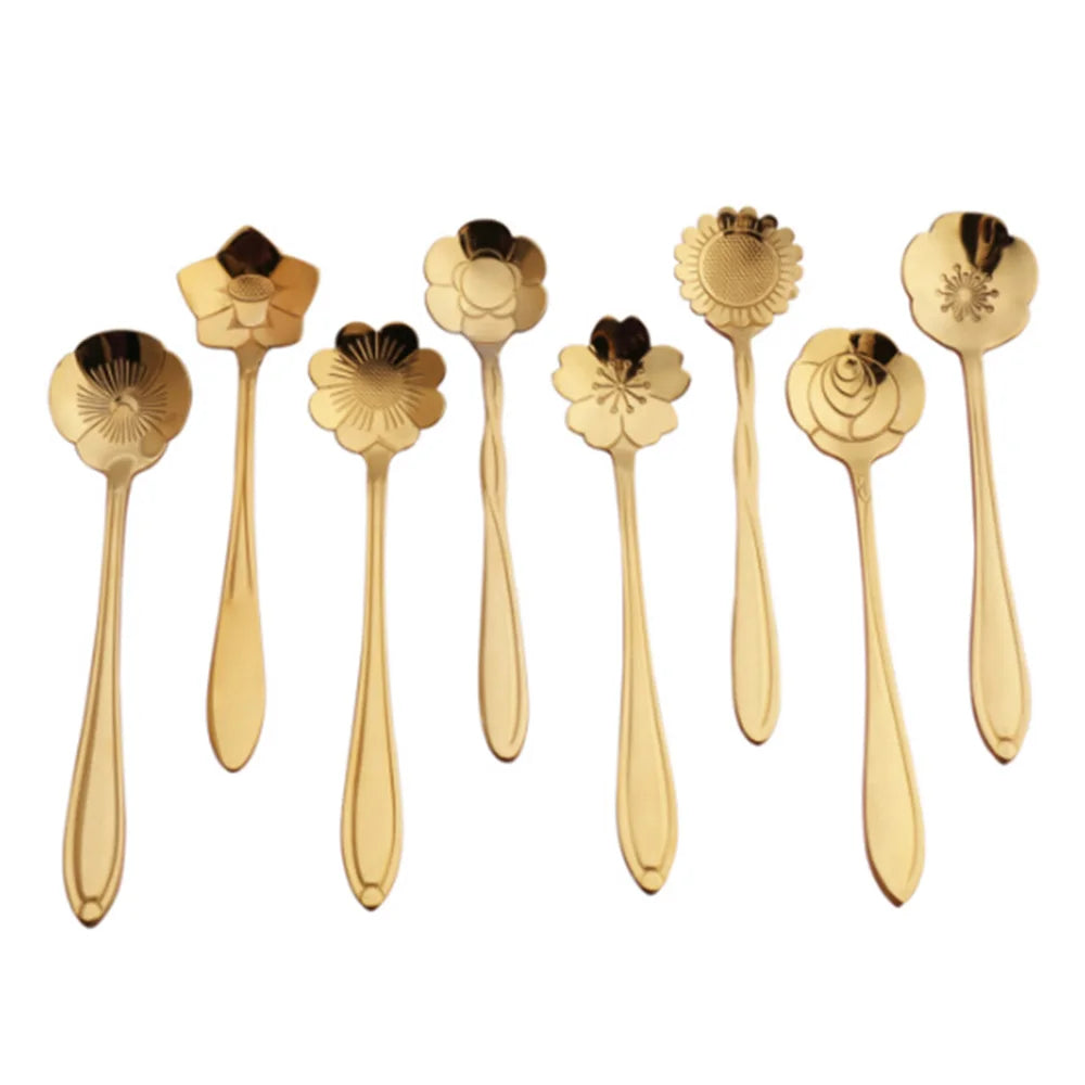 Promotion Gift Rose Gold Cutlery Tasting Dessert Teaspoon Floral Coffee Mixing Spoon Gold Stainless Steel Coffee Spoon