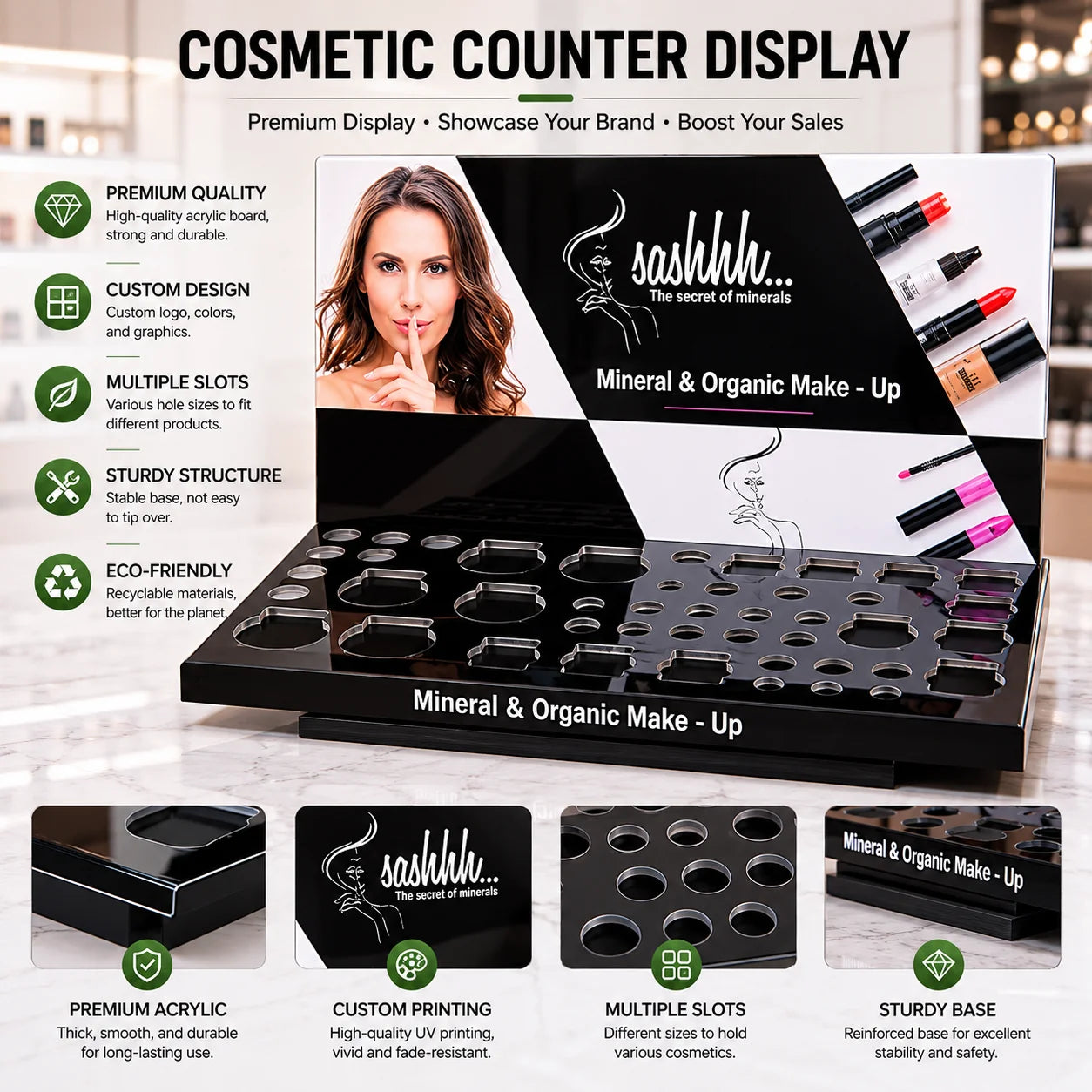 Custom High End Black Acrylic Cosmetic Countertop Display Stand With Holes for Mineral Organic Makeup Lipstick Organizer