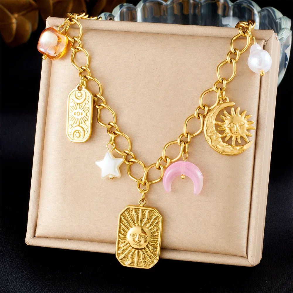 New Stainless Steel Moon Sun Charm Necklace 18k Pvd Gold Plated Tarnish Free Sun Face Pendant Necklace for Women