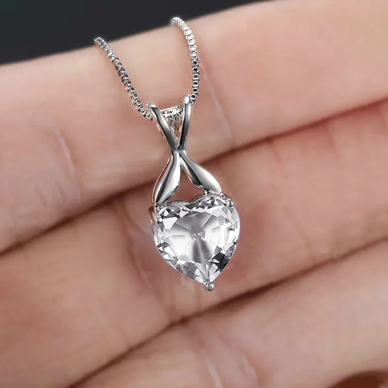 Huitan Simple Style Multi Colors Sparkling Heart Shaped Crystal Necklaces for Women Wedding Silver Plated CZ Pendant Necklaces