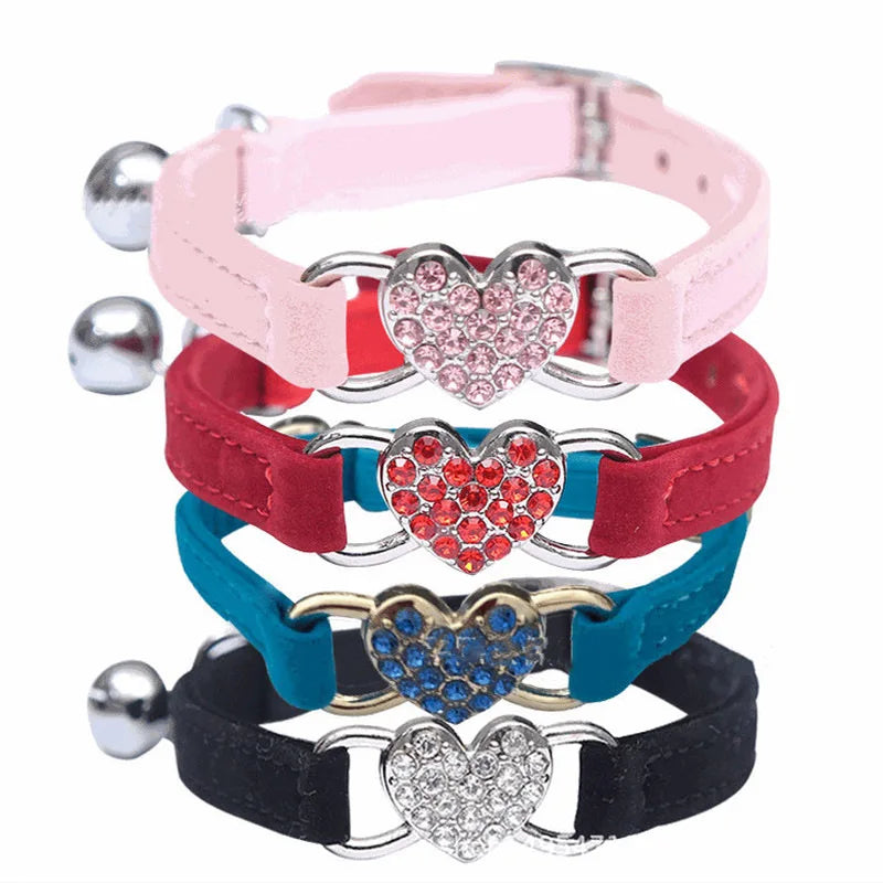 Doe Pet Wholesale Cat Pet Collar Heart Bling Cat Collar With Safety Belt and Bell Adjustable 8-10 Inches for Kitten Cats