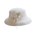New Fashion Women White Wool Felt Dress Bowler Bucket Church Hat Cloche Hat with Flowers & Mesh