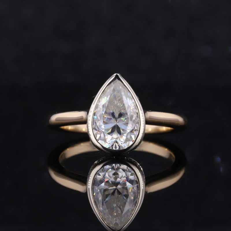 Starsgem 9x6mm Two Color Gold Engagement Rings Bezel Setting Pear Cut 14K Moissanite Ring