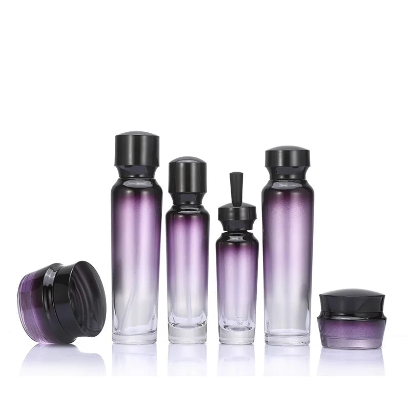 Custom logo High-grade Gradient Purple Diamond Thicken Glass Bottle and Jar with Black Cap and Lotion Pump for Facial Cream Pack