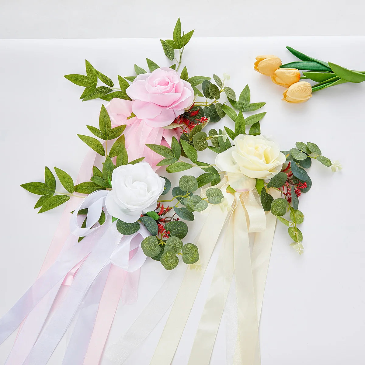 Forest Style Artificial Roses Eucalyptus Chair Back Decor Wedding Aisle Chair Decoration Realistic Silk Flowers Rustic Weddings
