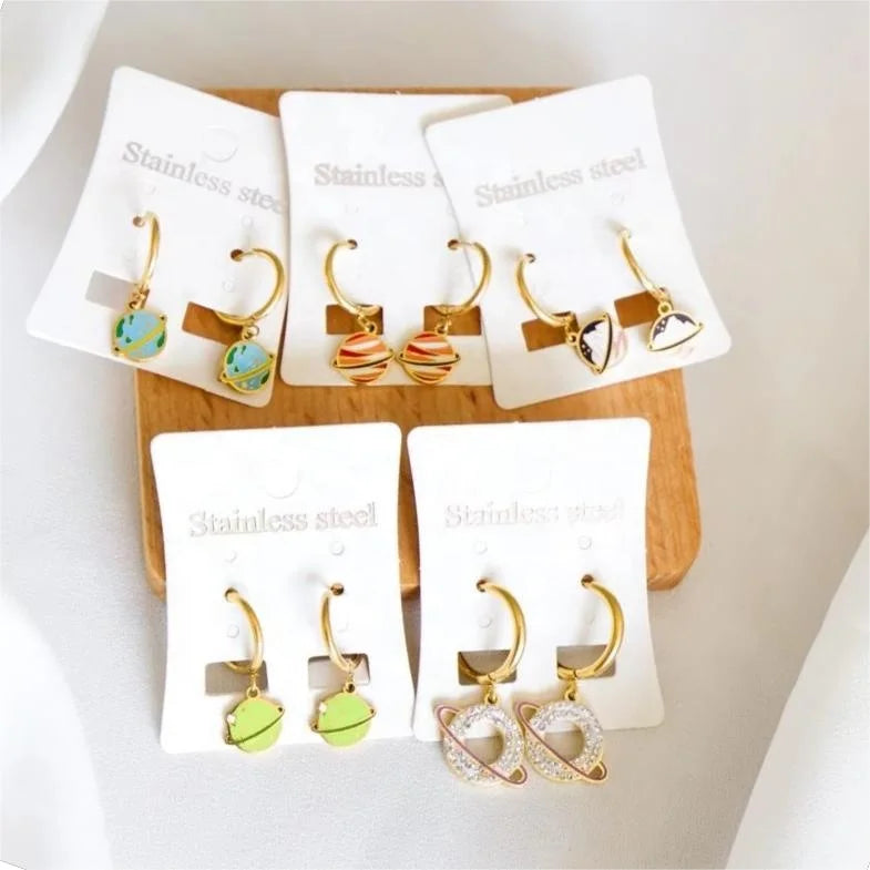 Creative Design PVD 18K Gold Plated Stainless Steel Earrings Jewelry Cartoon Planet Small Hoop Charm Earrings for Kids