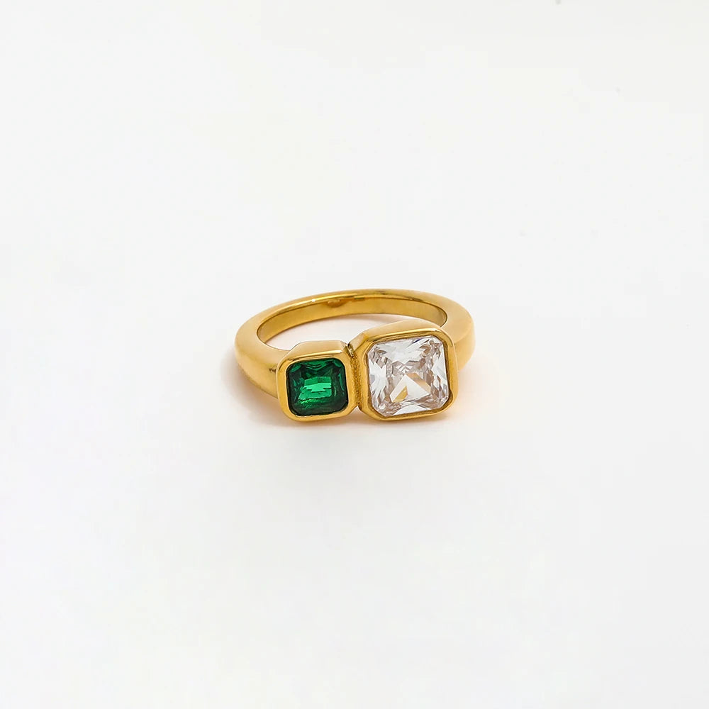 Joolim High End 18K Gold Plated Stainless Steel Two-tone Square Zirconia Rings for Women Finger Ring Fashion Jewelry Wholesale