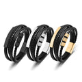 Men Punk Stainless Steel Leather Multi-Layer Cross Braided Bracelet Magnetic Clasp Wristband Bangle