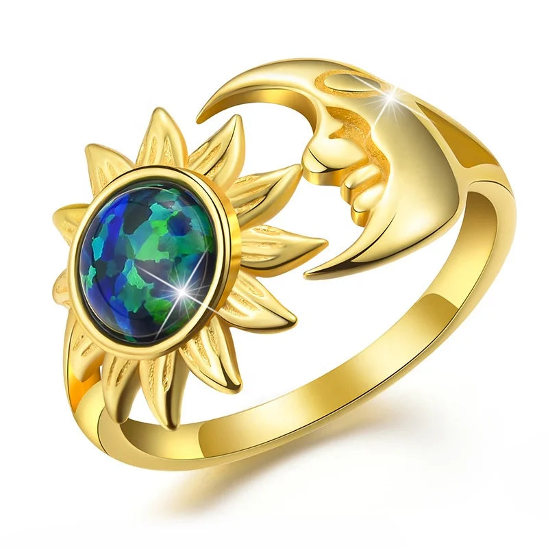 Isunni Luxury S925 Sterling Silver Plated Gold Opening Adjustable Moon and Sun Opal Ring